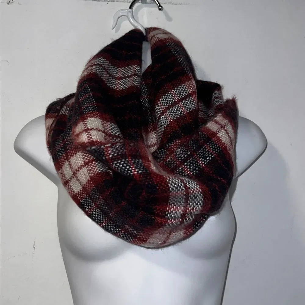 LOFT Maroon, Black and White Brushed Plaid Infinity Scarf